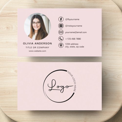 Professional Blush Pink Photo Logo Social Media Business Card