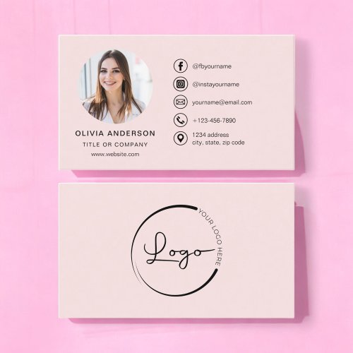 Professional Blush Pink Photo Logo Social Media Business Card