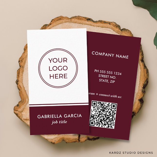 Professional Bordeaux QR Logo Business Card (Front and back of business card shown in 3.4 x 2 in. Choose size, paper and corner style.)
