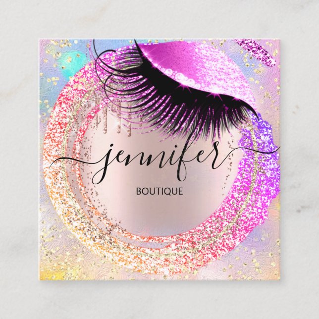 Professional Boutique Lash Shop Glitter  Holograph Square Business Card (Front)