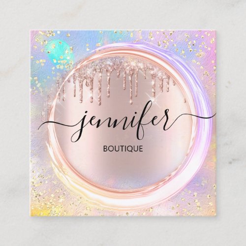 Professional Boutique Shop Drips  Pink Holograph Square Business Card