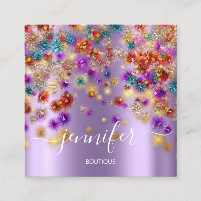 Professional Boutique Shop Event Planner Purple Square Business Card (Front)