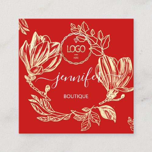 Professional Boutique Shop  Floral QR Logo Red Square Business Card