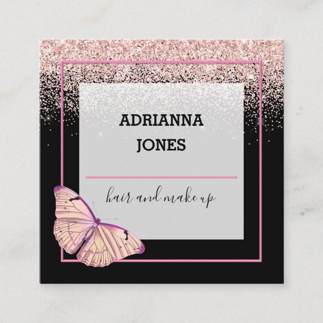 Professional Boutique Shop Glitter Butterfly Squar Square Business Card (Front)