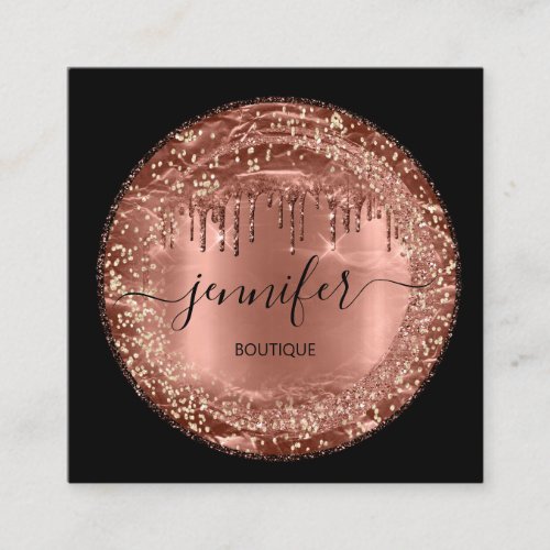 Professional Boutique Shop Glitter Drip Brown Rose Square Business Card