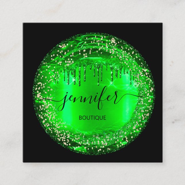 Professional Boutique Shop Glitter Drip Emerald  Square Business Card (Front)