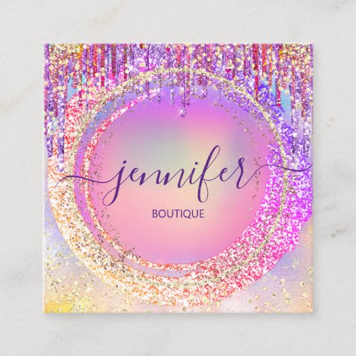 Professional Boutique Shop Glitter Drips Holograph Square Business Card