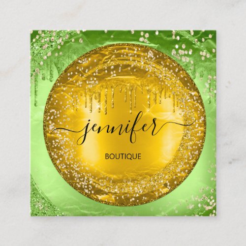 Professional Boutique Shop Glitter Green Gold Glam Square Business Card