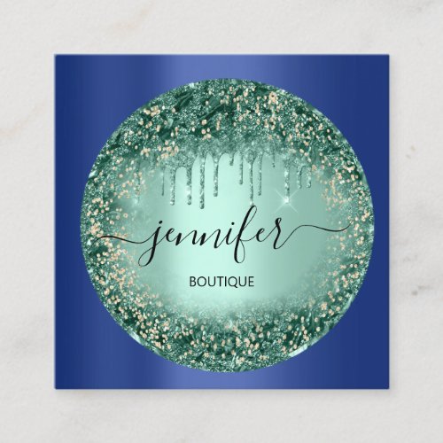 Professional Boutique Shop Glitter Green Navy Square Business Card