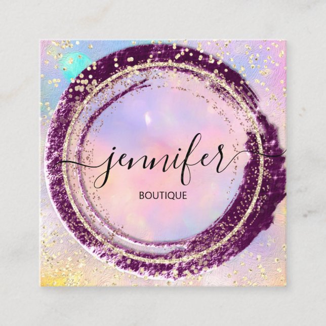 Professional Boutique Shop Glitter Holograph Gold Square Business Card (Front)