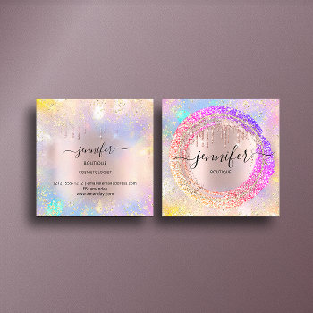 Professional Boutique Shop Glitter Pink Holograph Square Business Card by luxury_luxury at Zazzle