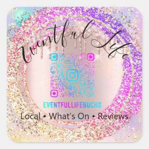 Professional Boutique Shop Glitter Pink Holograph Square Sticker