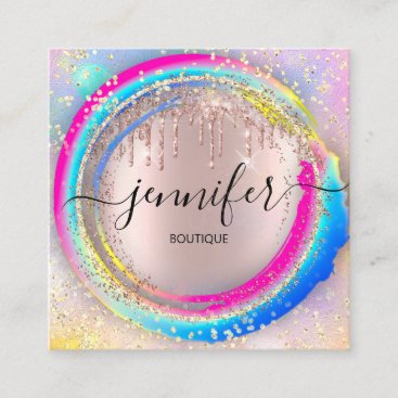 Professional Boutique Shop Glitter Pink Rainbow Square Business Card