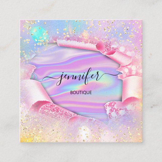 Professional Boutique Shop Name Glitter Holograph Square Business Card (Front)