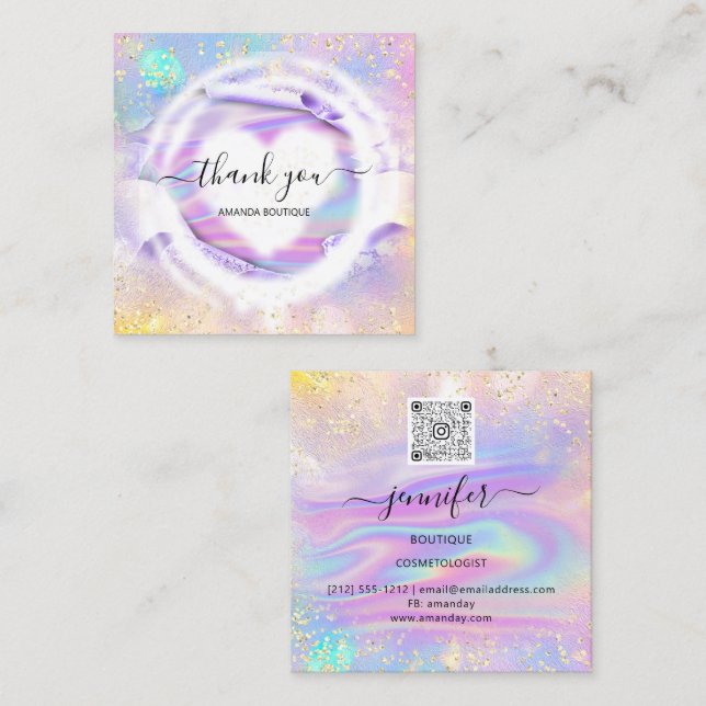 Professional Boutique Shop Name Heart Holographic Square Business Card (Front/Back)
