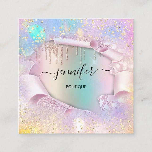 Professional Boutique Shop Name Holograph Glitter  Square Business Card (Front)