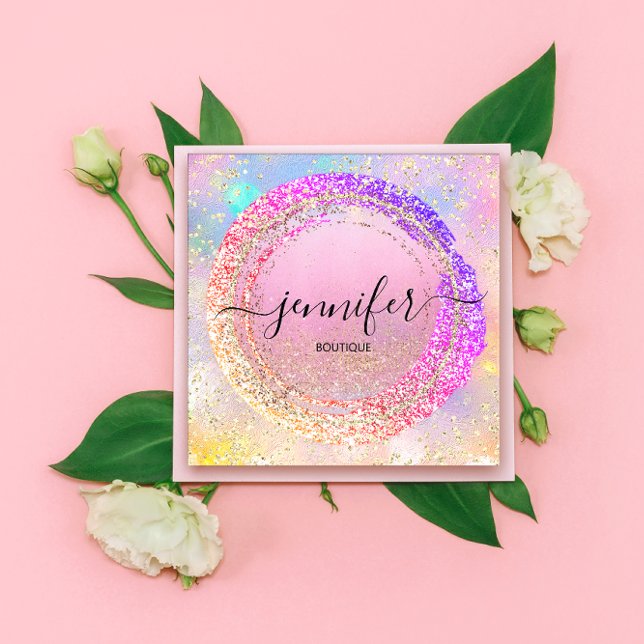 Professional Boutique Shop Pink Holograph Square Business Card (Professional Boutique Shop Pink Holograph Square Business Card)