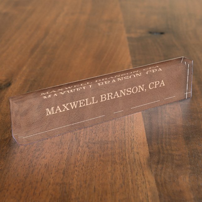 Professional Brown Leather Name Title One Line   Desk Name Plate (Side)