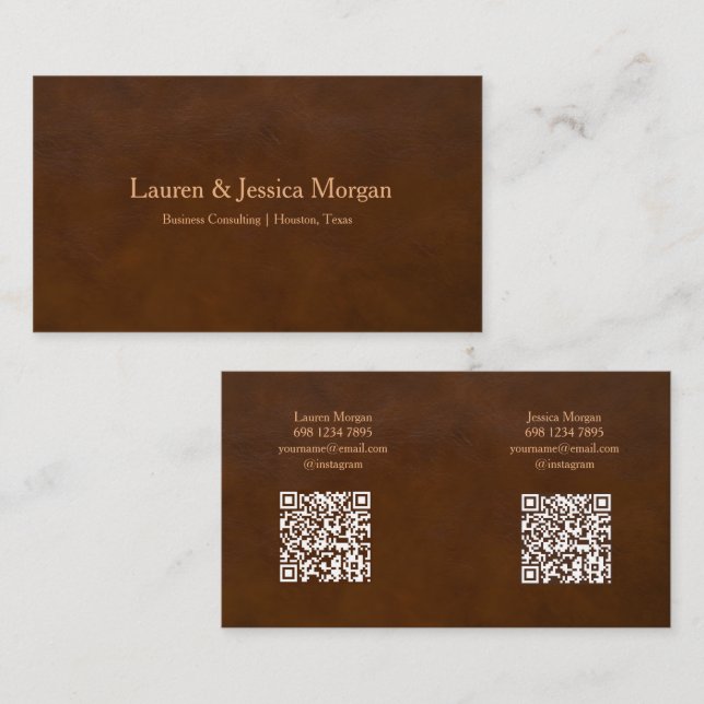 Professional Brown Leather With 2 Names & Contact Business Card (Front/Back)