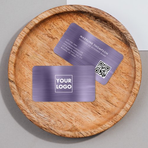 Professional Brushed Metal Lavender Logo QR Code Business Card