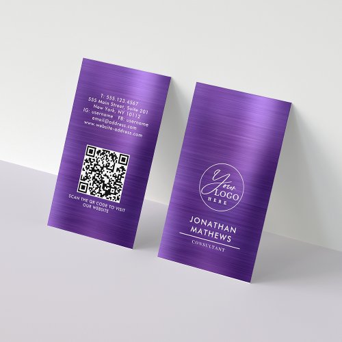 Professional Brushed Metallic Purple Logo QR Code Business Card