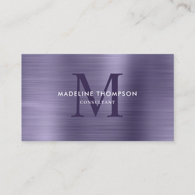 Professional Brushed Metallic Purple Monogram Business Card (Front)
