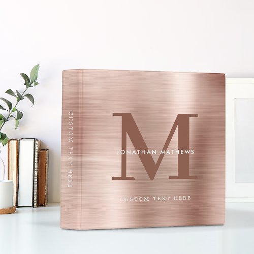 Professional Brushed Metallic Rose Gold Monogram 3 Ring Binder