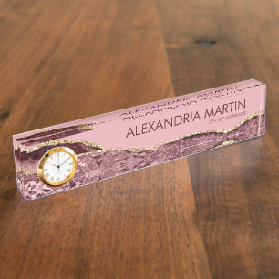 Professional Burgundy Pink Gold Glitter Office Desk Name Plate