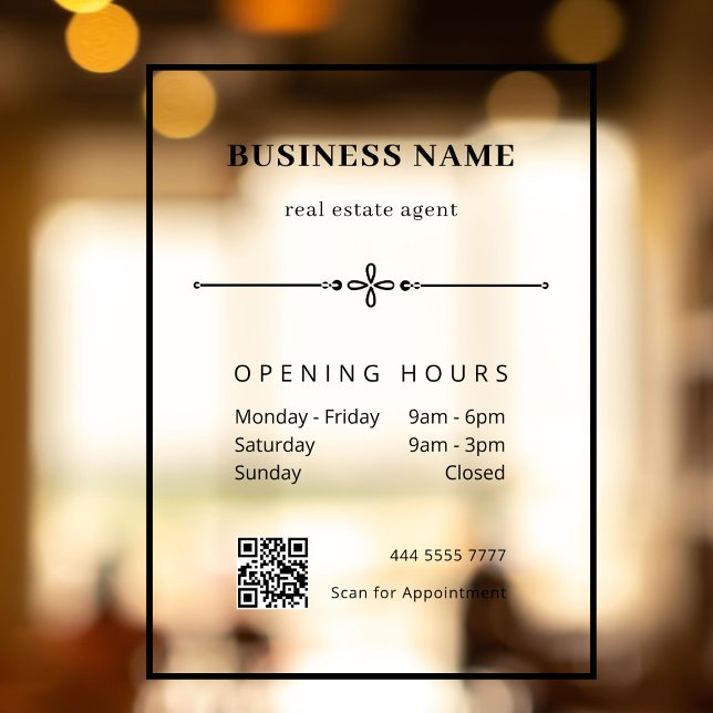 Professional Business Office QRCode Opening Hours Window Cling (Simple Business Office Black Rectangular  with QR Code window cling)