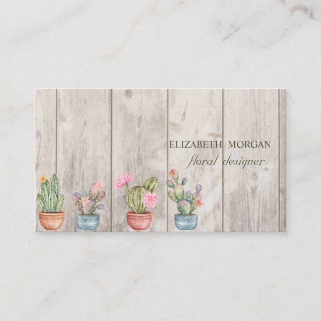 Professional Cactus,Flowers,Wood Texture  Business Card (Front)