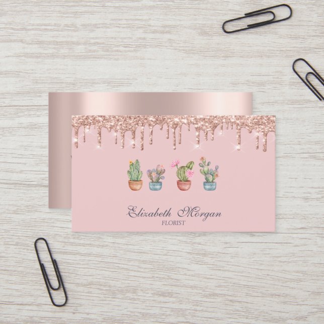 Professional Cactus Rose Gold Drips  Business Card (Front/Back In Situ)