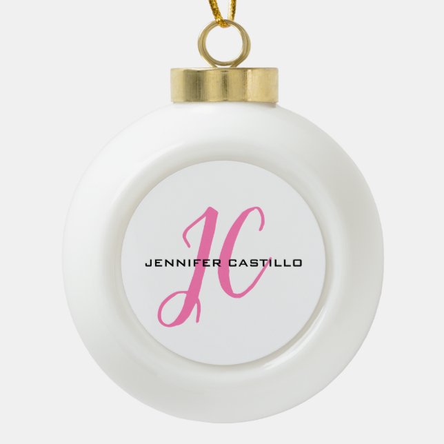 Professional Calligraphy Script Monogram Girly Ceramic Ball Christmas Ornament (Front)