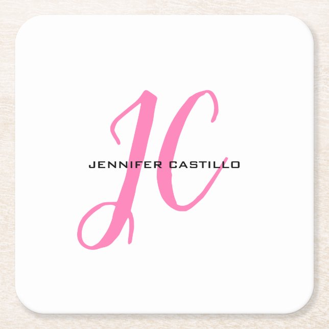 Professional Calligraphy Script Monogram Girly Square Paper Coaster (Front)