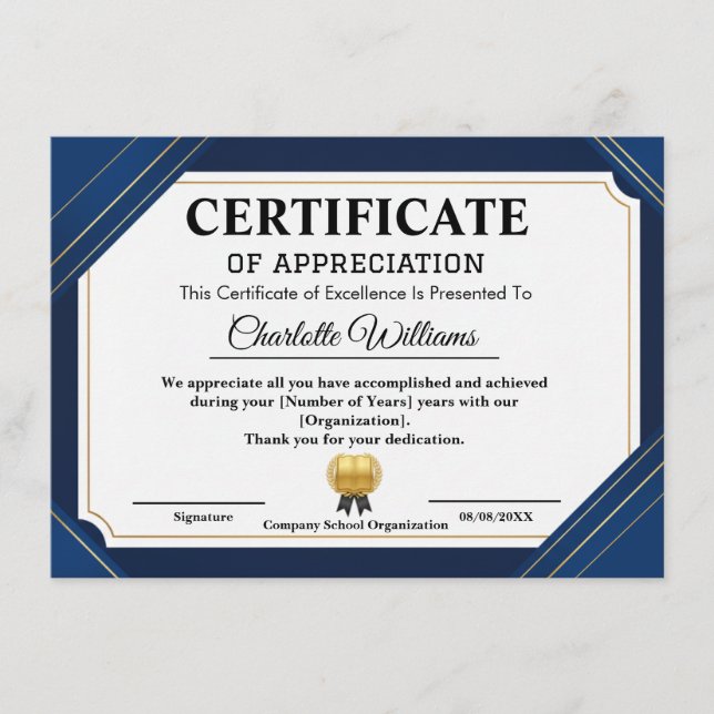 Professional Certificate of Appreciation Blue Gold (Front)