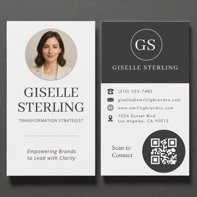 Professional Charcoal Grey Photo QR Code Modern Business Card (Creator Uploaded)
