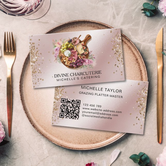 Professional Charcuterie Catering Grazing Board  Business Card (ROUND GRAZING ROSE GOLD BACKGROUND)