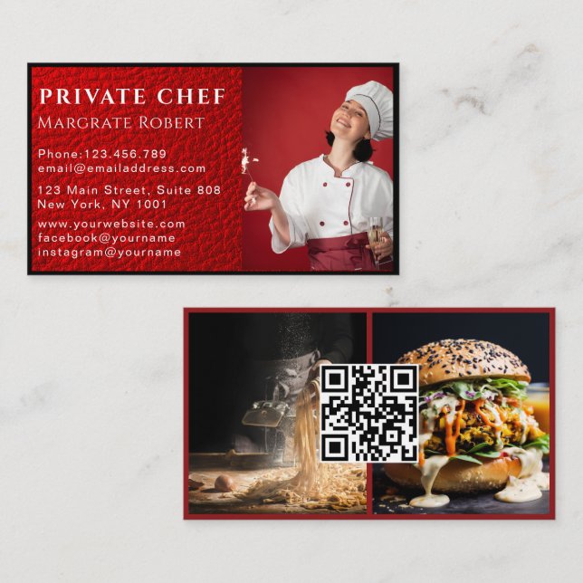 Professional Chef Social Media QR Code Red Photo  Business Card (Front/Back)