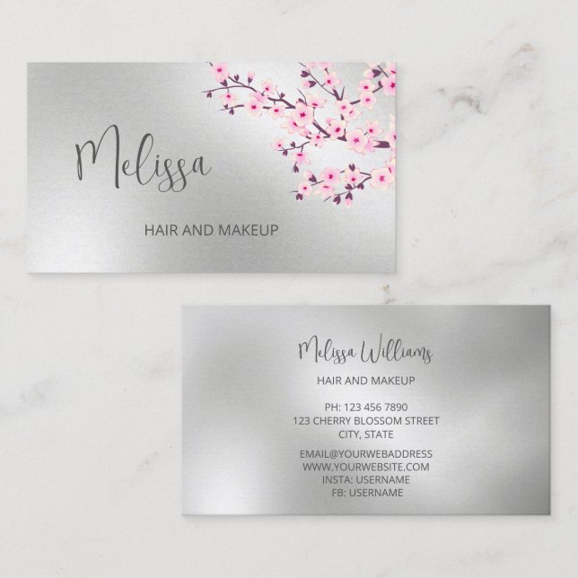 Professional Cherry Blossom Pink Silver Business C Card (Front/Back)