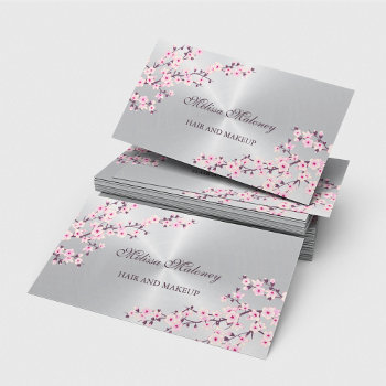 Professional Cherry Blossom Pink Silver Business Card by NinaBaydur at Zazzle