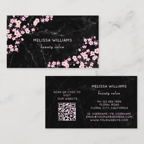 Professional Cherry Blossoms Black Marble Business Card