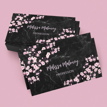 Professional Cherry Blossoms Black Marble Business Card by NinaBaydur at Zazzle