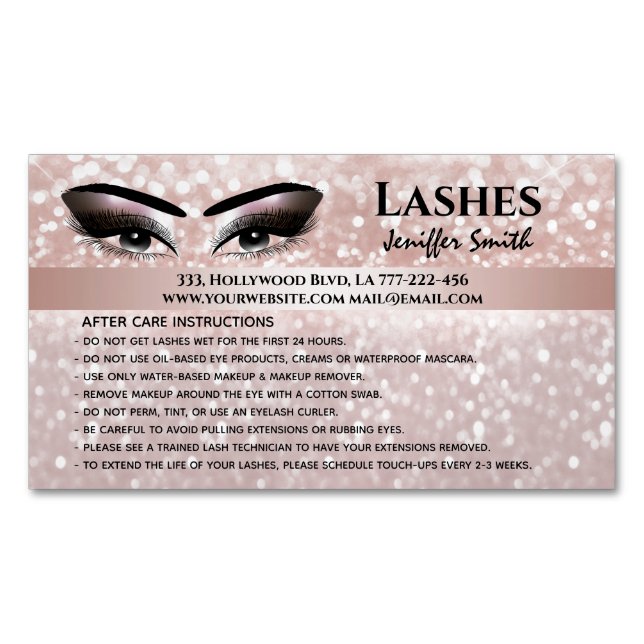 Professional chic glittery lashes after care business card magnet (Front)