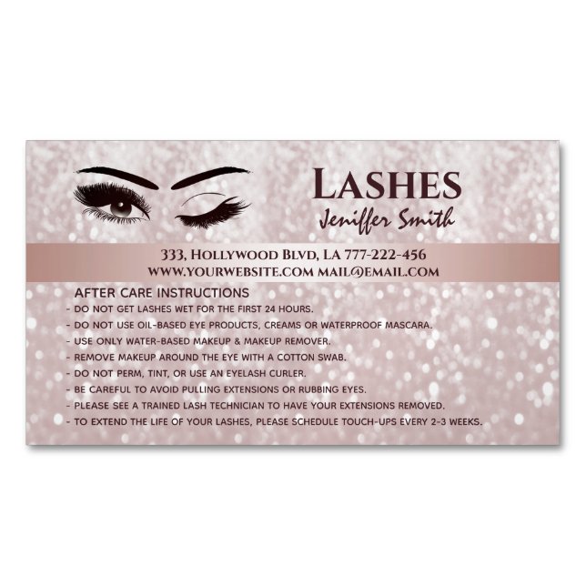 Professional chic glittery lashes after care business card magnet (Front)