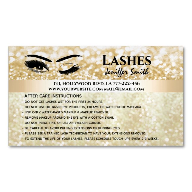 Professional chic glittery lashes after care business card magnet (Front)