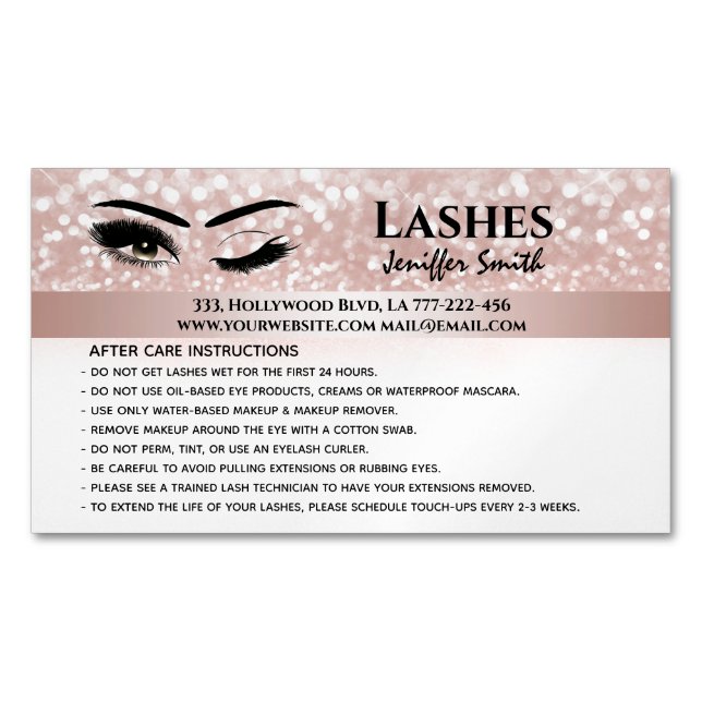 Professional chic glittery lashes after care business card magnet (Front)