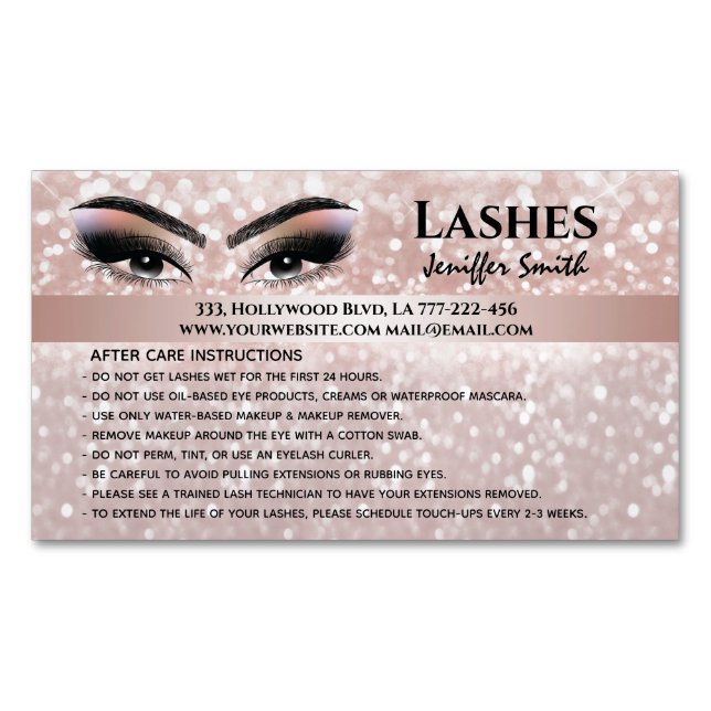 Professional chic glittery lashes after care business card magnet (Front)