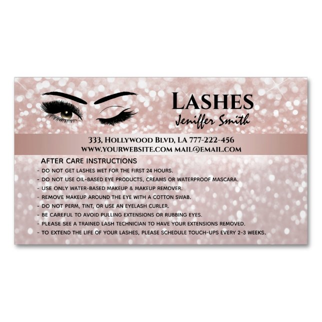 Professional chic glittery lashes after care business card magnet (Front)