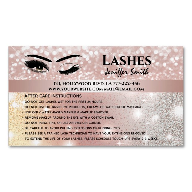 Professional chic glittery lashes after care business card magnet (Front)