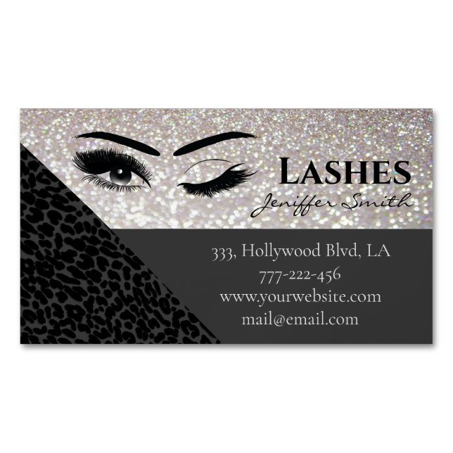 Professional chic leopard glittery lashes makeup business card magnet (Front)