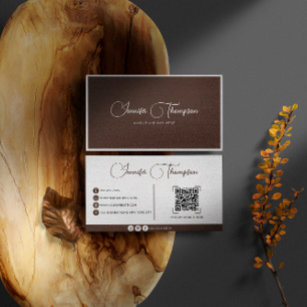 Professional Chocolate Brown Script QR Code Business Card